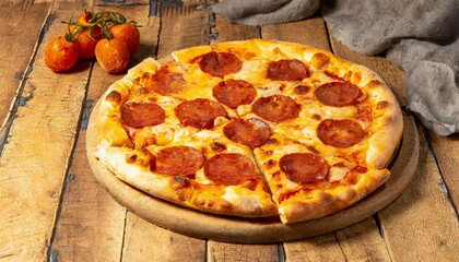Pizza de pepperoni sobre uma tábua de madeira  que está em uma mesa de madeira. Fatiada, pedaço de pizza, cortada. Comida rápida. - obrazy, fototapety, plakaty