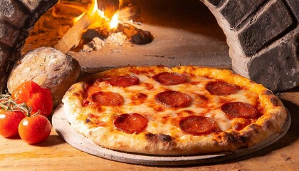 Pizza de pepperoni em um forno de pedra em uma pizzaria. Pizza pronta, forno, quente.  - obrazy, fototapety, plakaty