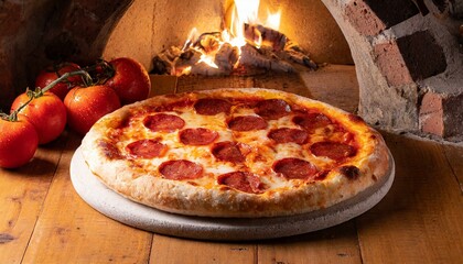 Pizza de pepperoni em um forno de pedra em uma pizzaria. Pizza pronta, forno, quente.  - obrazy, fototapety, plakaty