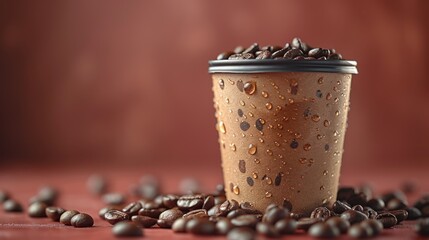 a cup of coffee sitting on top of a pile of coffee beans with drops of water on top of it.