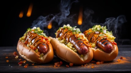 Three Hot Dogs on Buns With Condiments on a Table - Powered by Adobe