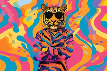 A mind-bending fusion of pop art and surrealism, this vibrant illustration features a tiger-headed figure donning shades, showcasing the dynamic nature of contemporary visual arts