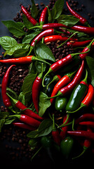 Fresh Chili Peppers and Basil on Dark Background.

Vibrant assortment of red and green chili peppers nestled among fresh basil leaves, perfect for culinary themes and spice market visuals. 