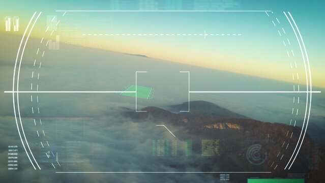 Airplane cockpit perspective HUD searches above mountain range clouds for runway. Digital navigation overlay, instruments, self-flying aircraft - Powered by Adobe