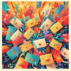 Vibrant Envelopes in Whimsical Floral Stream - Abstract Artistic Composition
