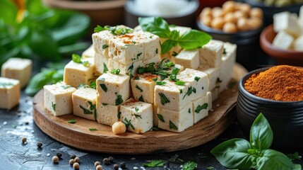 a pile of tofu cubes sitting on top of a wooden cutting board next to a bowl of spices.