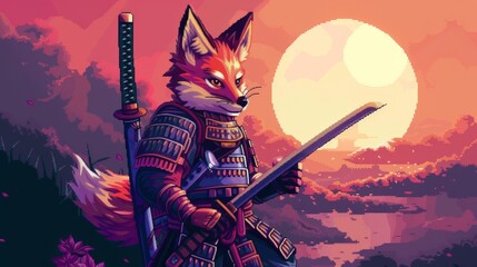 A cunning anime fox warrior stands proud under the moon's glow, sword in hand, ready to battle in this vibrant and digitally composed pixel art - obrazy, fototapety, plakaty