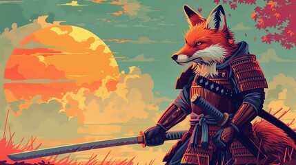 A fierce fox brandishes a sword in a whimsical anime-style painting, blurring the lines between reality and fiction in this captivating portrayal of an animal's battle for survival - obrazy, fototapety, plakaty