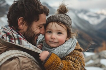 Obraz premium A father's love knows no bounds as he shields his bundled son from the harsh winter winds atop a snow-covered mountain