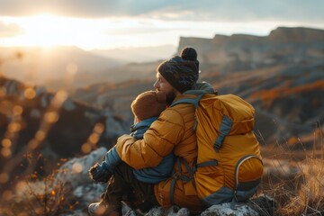 A father and his young daughter bond over the breathtaking views of the mountain during a serene sunset, their outdoor clothing blending seamlessly with the nature surrounding them