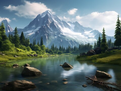 An idyllic scene unfolds as a rugged mountain range looms over a tranquil glacial lake, reflecting the vibrant sky above and the lush trees that line its shores