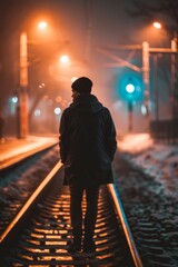 A lone man braves the winter fog, standing on the deserted train tracks under the dim street lights, his clothing blending into the darkened ground as he awaits the arrival of the next train