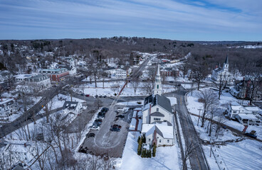 Aerial view of Grafton, Massachusetts in late winter