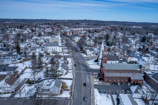 Aerial view of Westborough, Massachusetts in late winter