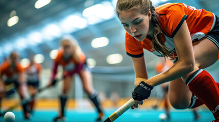 Focused female athlete playing indoor field hockey, poised for action.