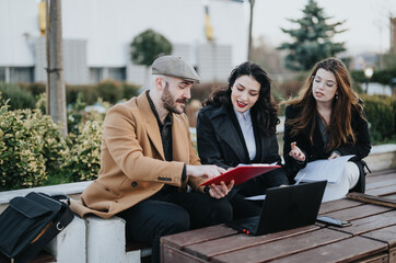 A multicultural team of three colleagues engaged in a discussion over documents and a laptop at an informal outdoor setting.