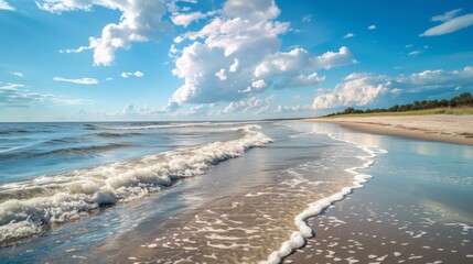 The restless ocean crashes against the sandy shore, as the clouds in the sky dance with the wind and the horizon stretches out endlessly, creating a breathtaking landscape of nature's beauty