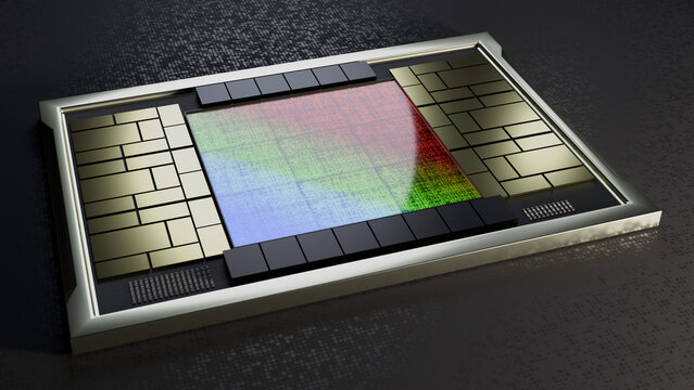 3d render of a chiplet multi-chip module (MCM)
