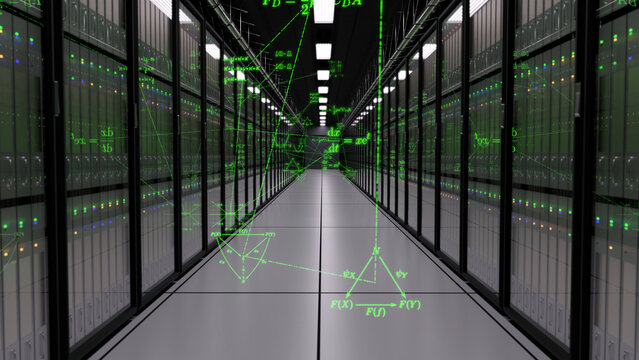 3d render of datacenter computers performing calculations