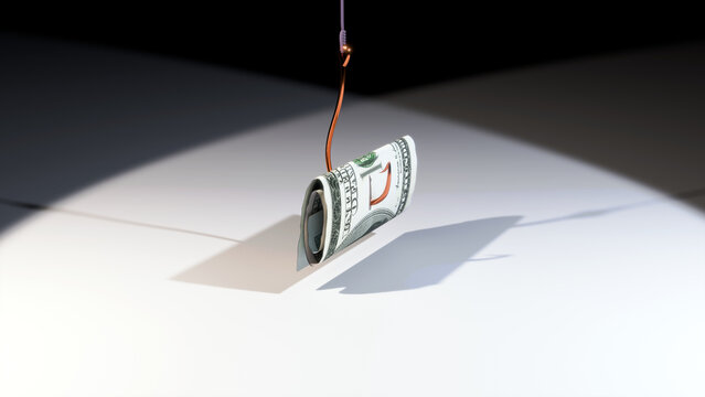 3d render of a hundred dollar bill stuck on to a fishing hook as bait