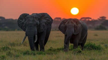 Fototapeta na wymiar a couple of elephants standing on top of a grass covered field with the sun setting in the distance behind them.
