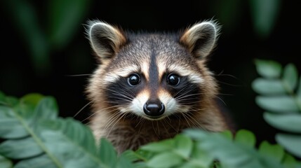 a close up of a raccoon peeking out from behind a leafy plant with lots of green leaves.