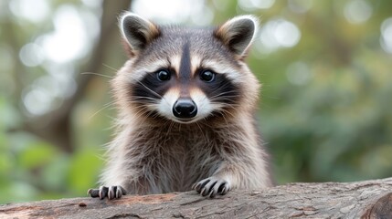 Obraz premium a close up of a raccoon on a tree branch looking at the camera with a blurry background.