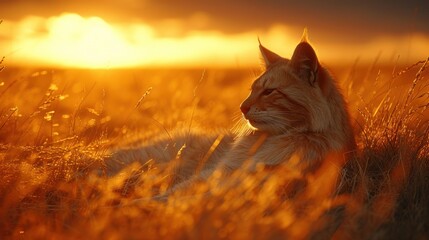 a close up of a cat in a field of grass with the sun setting in the distance in the background.