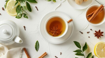 a cup of herbal tea cinnamon sticks on a saucer lemon teapot and leaves on a white table generative ai - obrazy, fototapety, plakaty