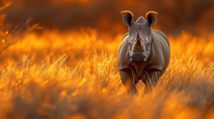 a rhinoceros standing in a field of tall grass with an orange sky in the background and a black rhinoceros in the foreground.
