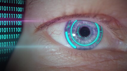 Biometric eye scanner identifying person, eye retina identification scan concept