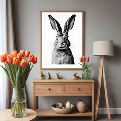 Interior design of spring living room interior with mock up poster frame, glass vase with tulips, wooden sideboard, hare sculpture, bowl, ladder, and personal accessories. Home decor. 