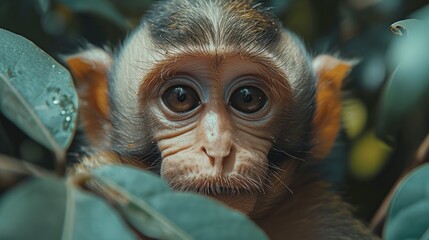 a close up of a monkey's face peeking out from behind a green leafy branch with water droplets on it.