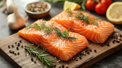 two raw salmon fillets on a cutting board with spices and seasonings around them and lemons and tomatoes in the background. - obrazy, fototapety, plakaty
