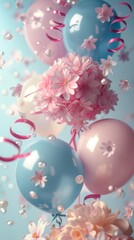 Soft pastel balloons with delicate flowers and serpentine ribbons in a dreamy arrangement.