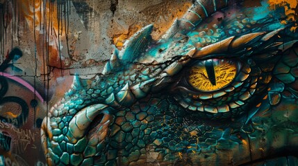 A mesmerizing dragon's eye emerges from a vibrant street mural, showcasing the fusion of traditional and modern art in a single captivating painting