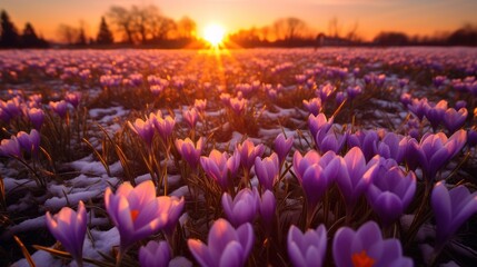 landscape view of sunset in a Crocus field