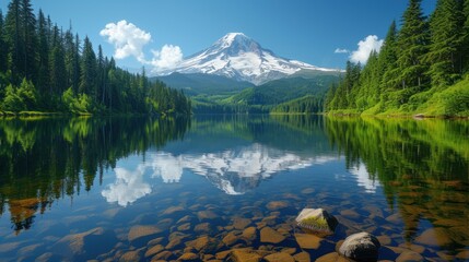 a mountain is reflected in the still water of a lake with rocks in the foreground and trees in the background.
