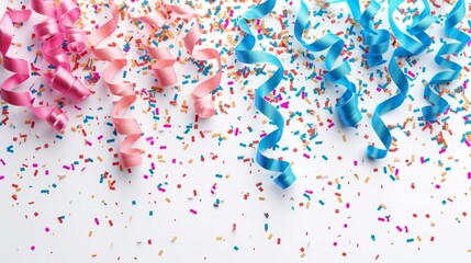 Curled ribbons in pink and blue hues entwine with a burst of colorful confetti on a white surface. - obrazy, fototapety, plakaty