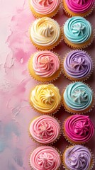 A gradient of cupcakes from light to dark icing on a textured background, suited for culinary art themes.