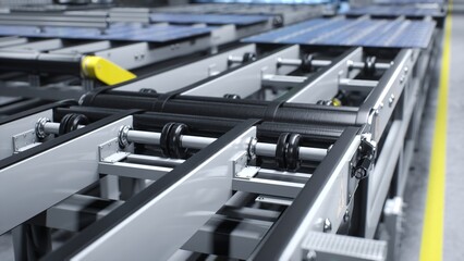 Focus on automated conveyor belt in factory used for distributing solar panels. Close up of...