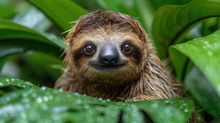a close up of a sloth in a leafy area with water droplets on it's face and eyes.