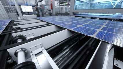 Machinery in cutting edge solar panel warehouse handling photovoltaic modules on large assembly...
