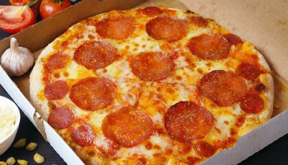 Pizza de pepperoni para entrega por delivery em uma caixa de pizza de papelão. Embalagem, para viagem, pizzaria, produto, comércio, venda. - obrazy, fototapety, plakaty