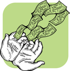 Big dollars banknotes money in your hands. Finance business, commerce, payment economy  theme for poster print, vector elements. Take or give loan. Hand drawn illustration. Cartoon style drawing.