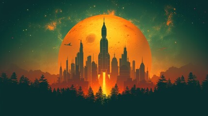 a picture of a city in the sky with a full moon in the background and trees in the foreground.