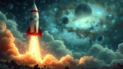 a red and white rocket with a smiley face on it flying through the sky with clouds and planets in the background.