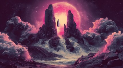 a painting of a sci - fi city surrounded by clouds and a giant red ball in the sky over a body of water. - obrazy, fototapety, plakaty