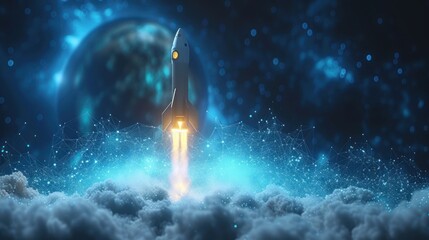 a space shuttle flying through the sky with a bright light coming from it's center and clouds around it.