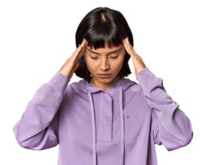 Young Hispanic woman with short black hair in studio touching temples and having headache.